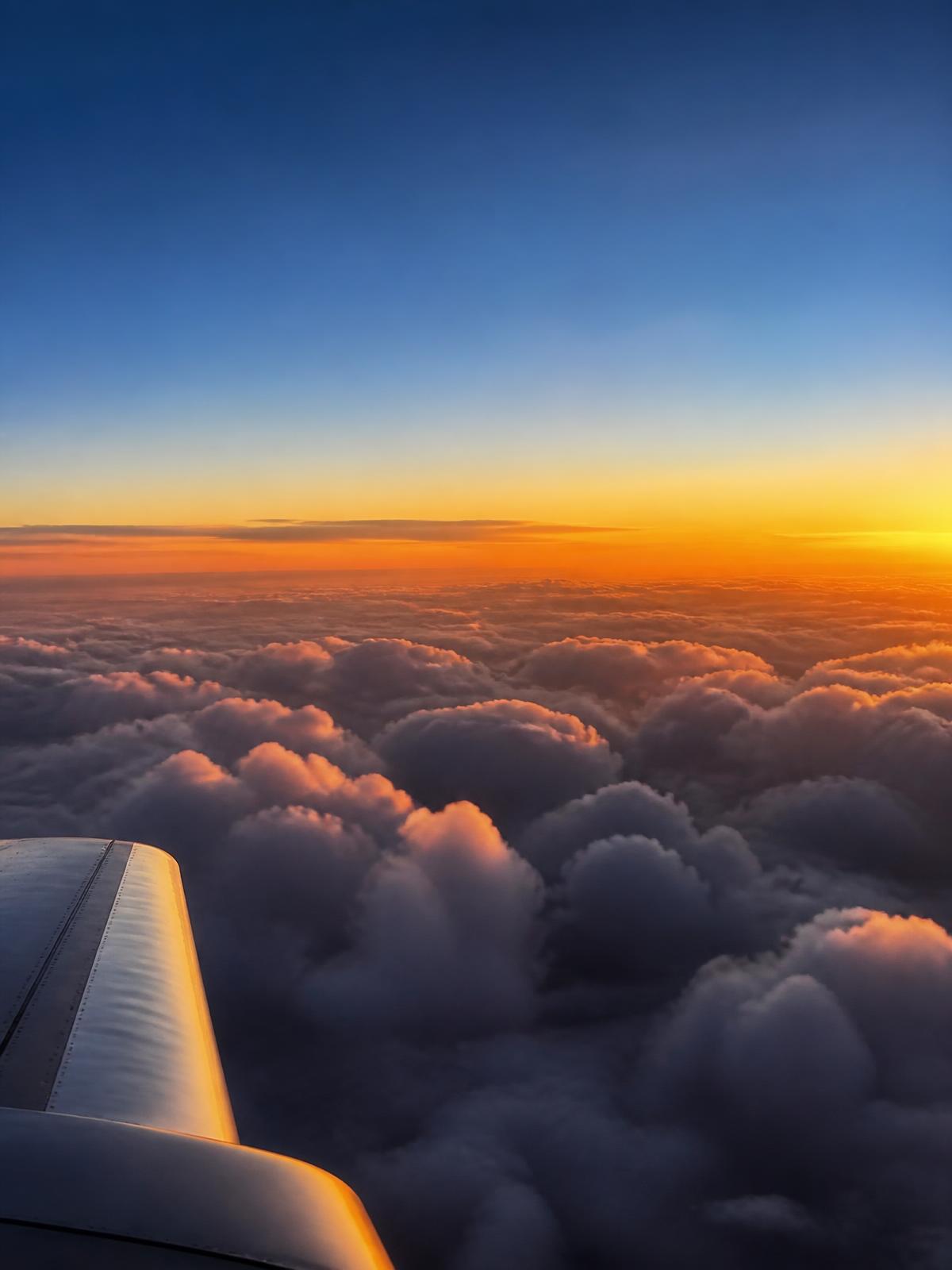 View from an airplane window at golden hour